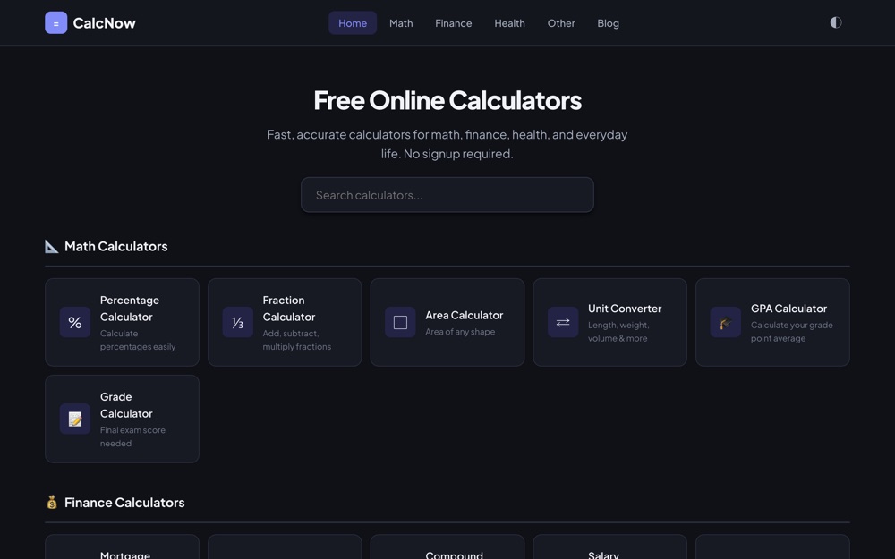 CalcNow homepage — searchable directory of free online calculators