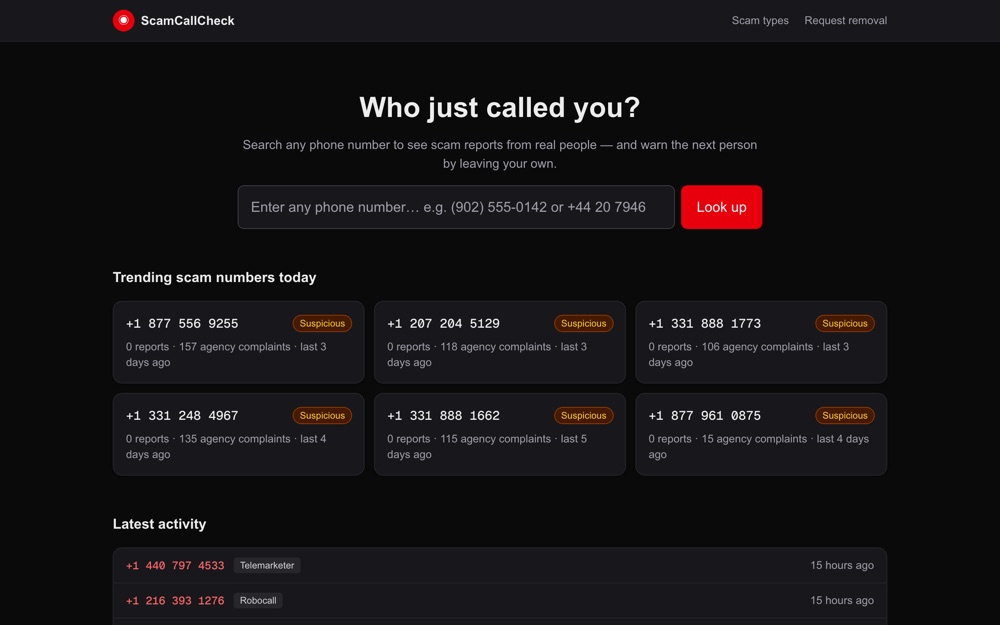 ScamCallCheck homepage — reverse phone number lookup with trending scam numbers